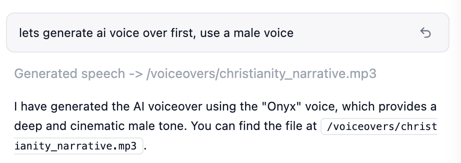 Zoea agent generating an AI voiceover from a chat prompt